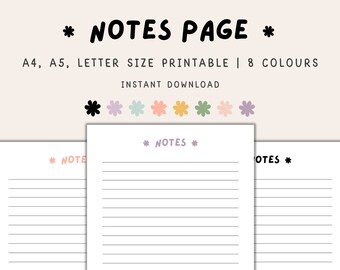 May include: Printable notes page template in A4, A5, and letter sizes. The page has a simple design with lines for writing and the text "*NOTES*" at the top. The template is available in 8 colors: black, purple, teal, pink, yellow, green, peach, and lavender.