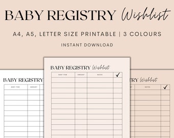 Op de afbeelding: Printbare baby-wensenlijst in drie kleuren: wit, roze en beige. De printbare heeft kolommen voor babyartikel, bedrag, notities en een vinkje kolom. De tekst "BABY REGISTRY Wishlist" staat bovenaan de pagina.