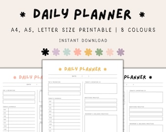 May include: Printable daily planner template in black and white with sections for top priorities, today's intention, schedule, gratitude practices, movement and wellness practices, and notes. The planner is available in A4, A5, and letter sizes and includes 8 color options.
