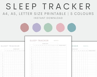 May include: Printable sleep tracker log with a grid for recording hours slept, energy levels, and mood. The tracker is available in five colors and can be printed in A4, A5, or letter size.
