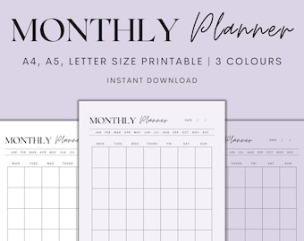 May include: Three printable monthly planner templates in A4, A5, and letter sizes. Each template has a simple grid layout with days of the week and months of the year labeled. The templates are designed for easy planning and organization.