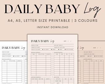 May include: Printable daily baby log in black and white with a pink background. The log includes sections for wake up time, length of sleep, quality of sleep, feeding schedule, diapers/nappies, sleeping schedule, and activities.