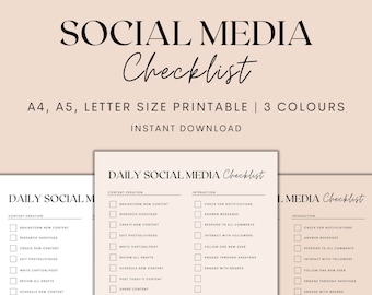 May include: A printable checklist for managing daily social media tasks. The checklist is divided into three sections: Content Creation, Interaction, and Other. Each section includes a list of tasks with checkboxes next to them. The checklist is designed to help users stay organized and on top of their social media activities.