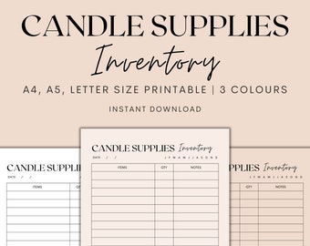 Könnte beinhalten: Druckbarer Inventar-Tracker für Kerzenbedarf in drei Farben: Weiß, Beige und Hellrosa. Der Tracker enthält Spalten für Datum, Artikel, Menge und Notizen. Der Text "CANDLE SUPPLIES Inventory" befindet sich oben auf der Seite.
