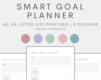May include: Printable SMART GOAL planner in five colors. The planner includes sections for goal setting, specific, measurable, attainable, relevant, and time-bound goals.