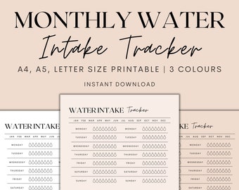 Monthly Water Intake Tracker Printable, Water Tracker, Hydration Tracker, Health Tracker, Wellness Tracker, Instant Download PDF