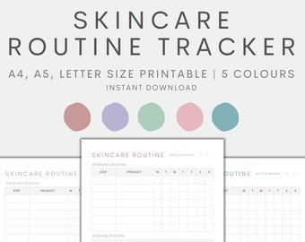 May include: A printable skincare routine tracker with the text "SKINCARE ROUTINE TRACKER". The design includes space to track morning and evening routines, with sections for steps and products. Available in A4, A5, and letter sizes, with 5 color options.