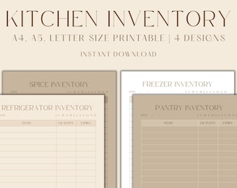 Kitchen Inventory Printable, Kitchen Food Inventory Tracker, Fridge Inventory, Freezer Inventory, Pantry Inventory, Spice Inventory, PDF
