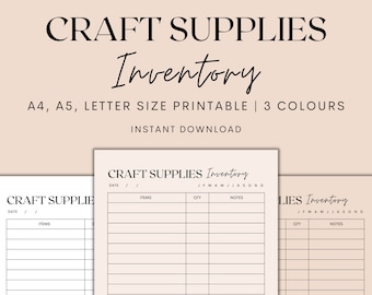 Craft Supplies Inventory Printable, Inventory Tracker, Inventory Chart, Household Inventory, Home Management Planner, Instant Download PDF