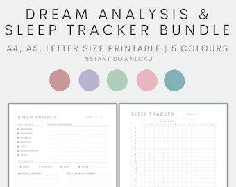 May include: Printable dream analysis and sleep tracker log sheets. The sheets are in a minimalist style with a light gray background and black text. The dream analysis sheet has sections for date, type of dream, description of dream, sleep quality, emotional response, and what stood out the most. The sleep tracker sheet has sections for month, hours slept, and energy/mood.