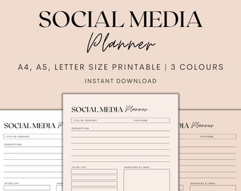May include: Printable social media planner with sections for title of content, description, to do list, hashtags and links, notes, and publish date. The planner is available in three colors.