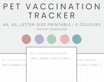 Utskrivbar vaccinationsspårare för husdjur, vaccinationsjournal för hundar, vaccinationslogg för katter, djurhälsospårare, direkt nedladdning i PDF-format