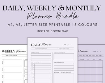 May include: A printable planner bundle with daily, weekly, and monthly layouts. The bundle includes three different color options and is available in A4, A5, and letter sizes. The image shows a sample daily planner page with sections for priorities, schedule, gratitude practice, and notes.