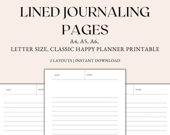 Könnte beinhalten: Zwei druckbare, linierte Journal-Seiten mit dem Text "DATE" und "MOOD" oben auf jeder Seite. Die Seiten sind für die Verwendung mit einem klassischen Happy Planner konzipiert.