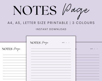 May include: Three printable note pages in different colors. The pages are labeled "NOTES Page" and have a space for the date. The pages are designed for A4, A5, and letter size paper.