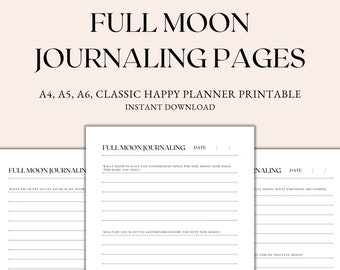 Full Moon Journaling Pages Printable, Journal Prompts, Moon Phases, Lunar Cycle, A4 A5 A6 Classic Happy Planner Instant Download PDF