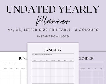Planificador anual sin fecha imprimible, inserciones de planificador de 12 meses, calendario anual imprimible, planificador minimalista, descarga instantánea de PDF
