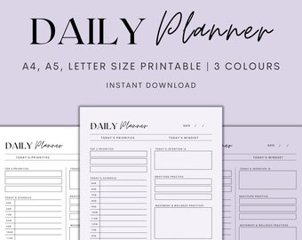 Planer dzienny do druku, Planer codziennej produktywności, Codzienna lista zadań do wykonania, Minimalistyczny planer, Fioletowy planer, Natychmiastowe pobieranie pliku PDF