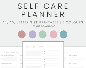 May include: Printable self-care planner with sections for how you want to feel today, affirmations, to-do list, self-care acts, and gratitude practice. The planner is available in five colors: pink, purple, green, light pink, and blue.