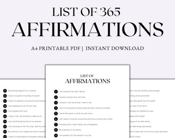 List of 365 Affirmations, Affirmations Printable, Positive Affirmations for Personal Growth, Daily Affirmations, A4 PDF Instant Download