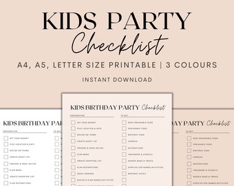 Lista de verificación imprimible para fiestas de cumpleaños de niños, planificador de fiestas infantiles imprimible, planificador de cumpleaños, planificador de eventos, descarga instantánea en PDF