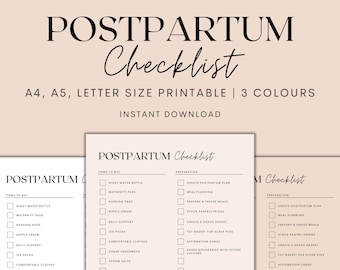 May include: A printable postpartum checklist in black text on a white background. The checklist is divided into three sections: Items to Buy, Preparation, and Support. The checklist includes items such as giant water bottle, maternity pads, nursing pads, nipple cream, belly support, ice packs, comfortable clothes, cheap underwear, Epsom salts, lavender essential oil, other self care essentials, any medications, comfortable pillow, family/friends support, postpartum doula, and lactation consultant.