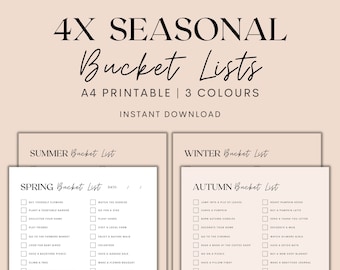 Puede incluir: Una descarga digital con cuatro listas de deseos estacionales: Primavera, Verano, Otoño e Invierno. Las listas son imprimibles en A4 y están disponibles en tres colores. La imagen incluye el texto "4X SEASONAL Bucket Lists" y "Instant Download".