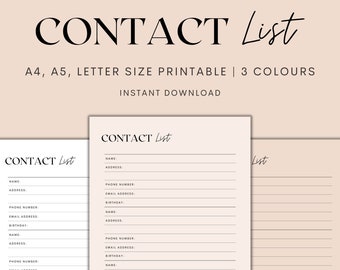 May include: Printable contact list template in three colors. The template has fields for name, address, phone number, email address, and birthday. The text "CONTACT List" is at the top of the page.