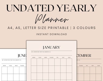 Planificador anual sin fecha imprimible, inserciones de planificador sin fecha de 12 meses, calendario anual imprimible, planificador minimalista, descarga instantánea de PDF