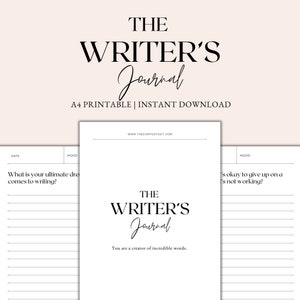 Könnte beinhalten: Ein druckbares A4-Journal mit dem Titel "The Writer's Journal" in minimalistischem Design. Das Cover zeigt den Titel in eleganter schwarzer Schrift und einen Slogan. Innenseiten enthalten Anregungen und linierte Bereiche zum Schreiben.