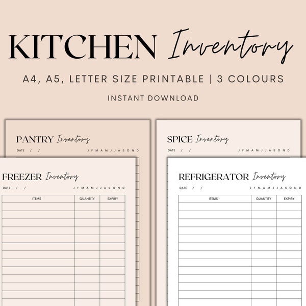 Kitchen Inventory Printable, Kitchen Food Inventory Tracker, Fridge Inventory, Freezer Inventory, Pantry Inventory, Spice Inventory, PDF