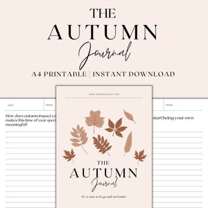 Könnte beinhalten: Druckbarer A4-Journal mit rosa Hintergrund und braunen Herbstblättern. Der Titel lautet "The Autumn Journal" und der Text lautet "Es ist Zeit, loszulassen und sich hinzugeben."
