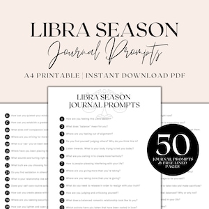Pode incluir: Uma folha de trabalho imprimível com 50 prompts de diário para a temporada de Libra. A folha de trabalho apresenta uma ilustração em preto e branco de uma balança de Libra. O texto "Libra Season Journal Prompts" está em preto, em negrito. Os prompts são numerados e incluem perguntas sobre equilíbrio, autocuidado, relacionamentos e muito mais.