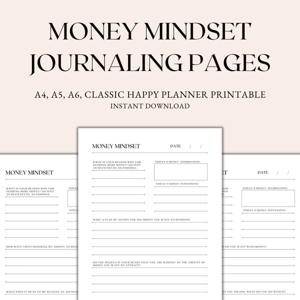 Money Mindset Journaling Pages Printable, Daily Journal Pages, Journaling Prompts, A4 A5 A6 Classic Happy Planner Printable PDF