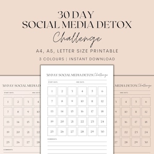 Könnte beinhalten: Druckbarer 30-Tage-Social-Media-Detox-Challenge-Tracker. Der Tracker hat ein Kalenderrraster mit 30 nummerierten Quadraten. Der Text "30 DAY SOCIAL MEDIA DETOX Challenge" befindet sich oben auf der Seite.