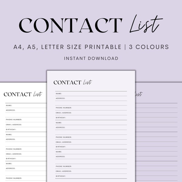 Contact List Printable, Emergency Contact Information Printable, Address Book Printable, Minimalist Planner Insert, Instant Download PDF