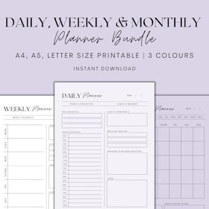May include: A printable planner bundle with daily, weekly, and monthly layouts. The bundle includes three different color options and is available in A4, A5, and letter sizes. The image shows a sample daily planner page with sections for priorities, schedule, gratitude practice, and notes.