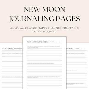 Può includere: Pagine di diario della luna nuova stampabili per un planner felice classico. Le pagine includono prompt per la riflessione e l'impostazione delle intenzioni.