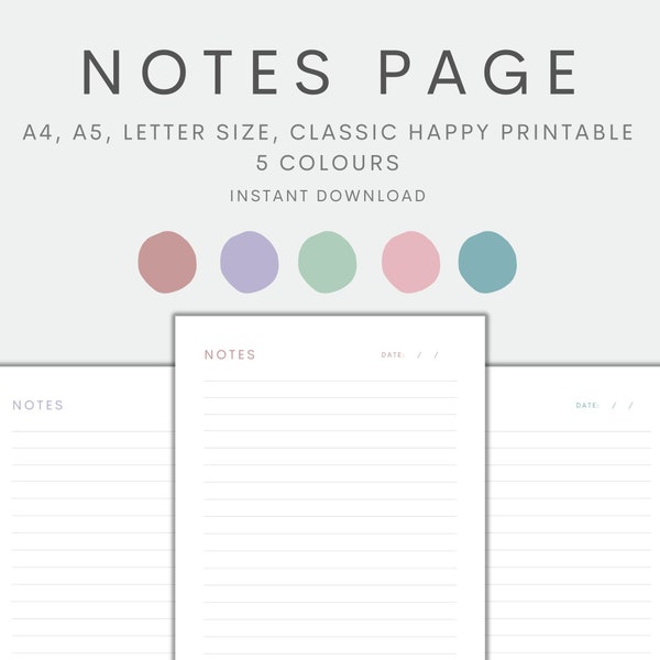 Notes Page Printable, Lined Note Paper, Notes Planner Insert, Minimalist Planner, A4 A5 Letter Size Classic Happy Planner Printable