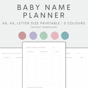 May include: Printable baby name planner with columns for name ideas, meanings, and notes. The planner is available in five colours: pink, purple, green, light pink, and blue.