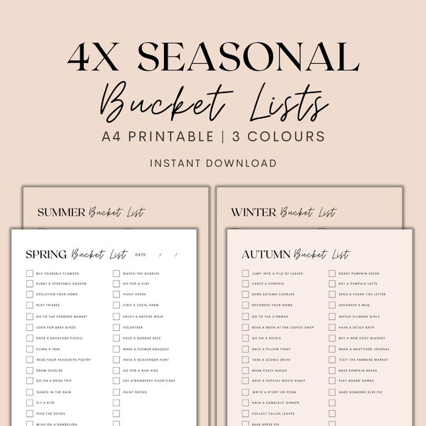 Seasonal Bucket List Printable, Spring Bucket List, Summer Bucket List, Autumn Bucket List, Winter Bucket List, Instant Download PDF