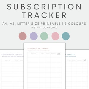 Puede incluir: Plantilla de seguimiento de suscripciones imprimible en tamaños A4, A5 y carta. El rastreador tiene columnas para descripción, fecha de vencimiento, cantidad, frecuencia y renovación automática. El rastreador está disponible en cinco colores: rosa, morado, verde, azul y gris.
