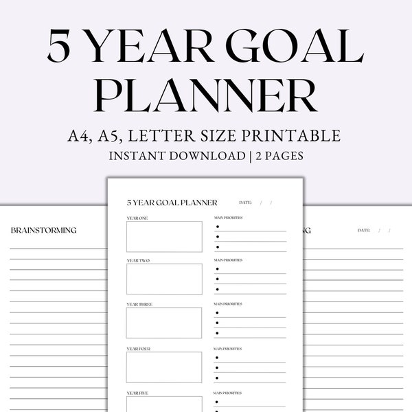 5 Year Goal Planner Printable, Goal Tracker Printable, Productivity Planner, Personal Growth Planner, Instant Download PDF