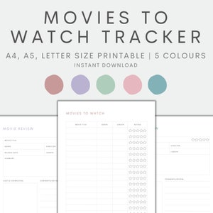 May include: Printable movie tracker with two pages. The first page is titled "Movie Review" and has fields for movie title, genre, release date, summary, director, length, cast and characters, and comments/review. The second page is titled "Movies to Watch" and has fields for movie title, genre, length, and rating. The rating field has five stars for each movie.