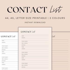 Contact List Printable, Contact Information Planner Insert, Address Book Printable, Emergency Contact List, Instant Download PDF