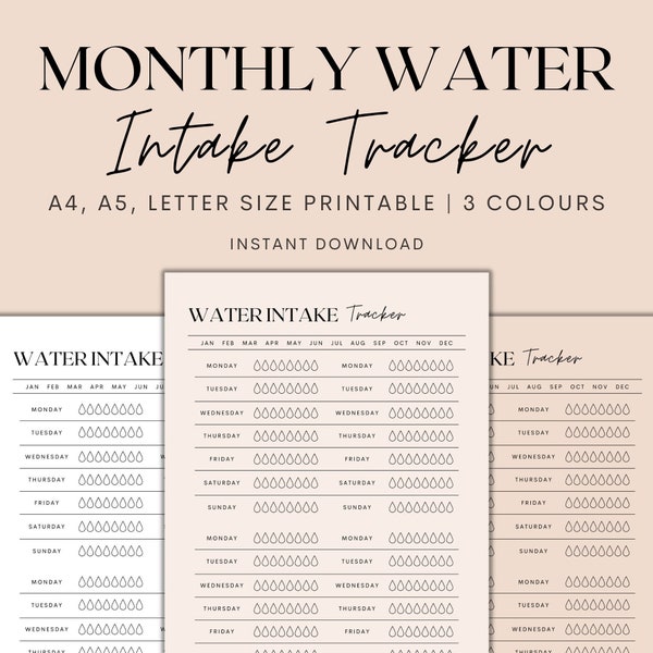 Monthly Water Intake Tracker Printable, Water Tracker, Hydration Tracker, Health Tracker, Wellness Tracker, Instant Download PDF