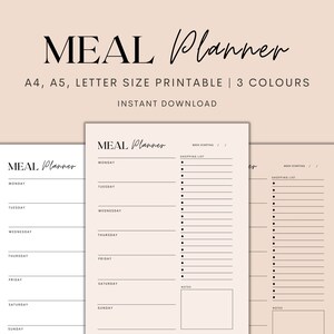 Puede incluir: Planificador de comidas imprimible en tres colores con un diseño minimalista. El planificador incluye un plan de comidas semanal, una lista de compras y una sección de notas.