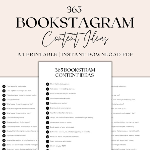 365 Bookstagram Content Ideas Printable, Social Media Planner, Bookstagram Captions, Instagram Post Ideas, Instant Download PDF