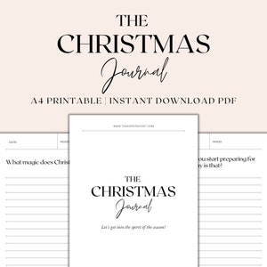 以下が含まれることがあります： 「The Christmas Journal」というタイトルのA4サイズのPDFで印刷可能なジャーナルです。このジャーナルには、書き込み用の罫線付きページがあり、「クリスマスは何をもたらすのか？」と「いつクリスマスの準備を始めますか？なぜですか？」というテキストが含まれています。