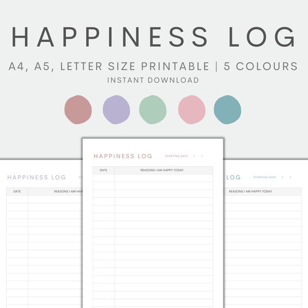 Happiness Log Printable, Happy Journal, Happiness Journal, Mental Health Tracker, Mindset Tracker, Instant Download PDF